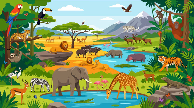 Colorful cartoon animals in savannah landscape.