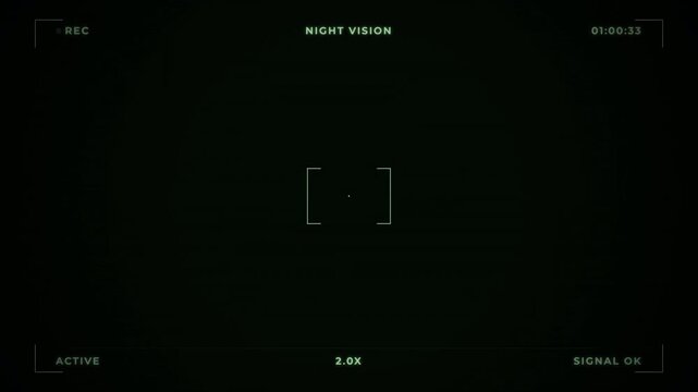 Digital green night vision recording screen with glitch distortion effects, tactical surveillance monitor interface 4k video
