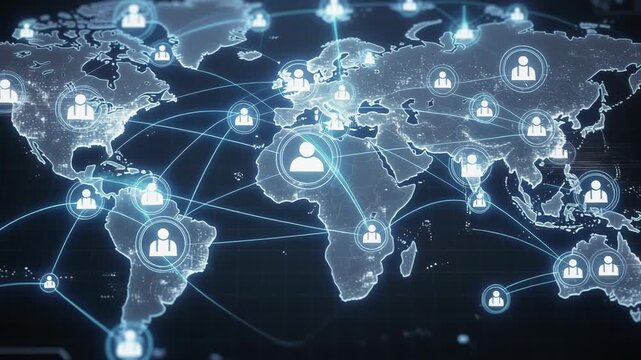 Futuristic digital world map with glowing user icons connected across continents showcasing global connectivity