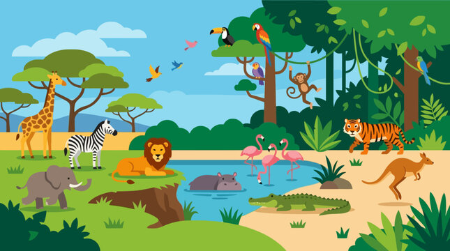 Colorful cartoon safari animals gathering.