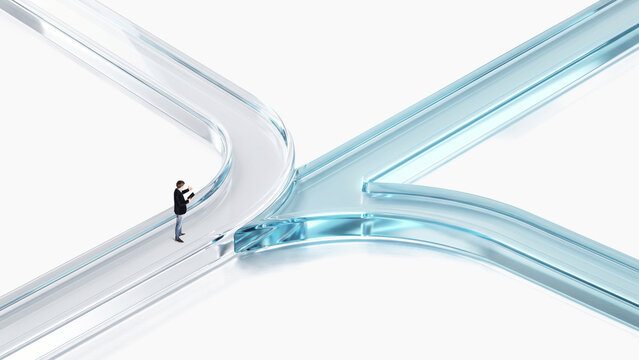 Miniature businessman choosing direction on transparent 3d glass arrows. Concept of startup strategy, crisis navigation, consulting roadmap and business decision making.