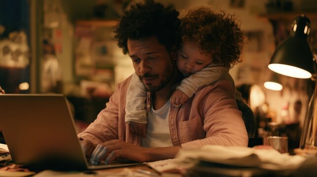Tired but happy diverse father working late on a laptop while holding a sleeping toddler child in a cozy home office.