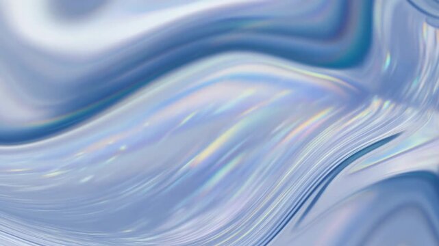 Panning slow motion shot of iridescent liquid waves flowing and undulating across abstract seamless studio backdrop with pearlescent surface texture