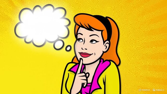 Slow zoom in on woman forming thought bubble in pop art style against textured yellow halftone background