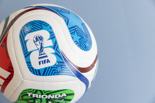 LONDON, UK - JUNE 2nd 2026: The official Fifa 2026 world cup soccer logo on a football