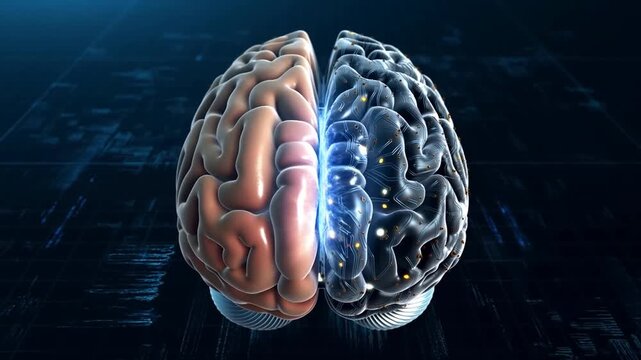 Slow motion close up rotation of human brain hemispheres showing neural pulses and synapse activity in digital network laboratory background
