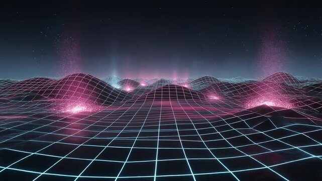 Futuristic neon grid landscape with glowing pink and blue lines pulsing with vibrant energy