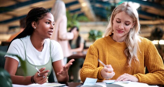 Study, counting or friends in college with books, task management or steps in group project. Education, people or students with checklist, university partnership or revision in academic assessment.