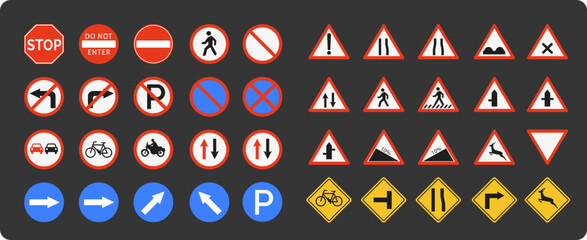 Set of most common international traffic signs for use inside of ui and graphic posters. © Hesi