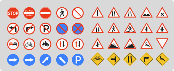 Set of most common international traffic signs for use inside of ui and graphic posters. © Hesi