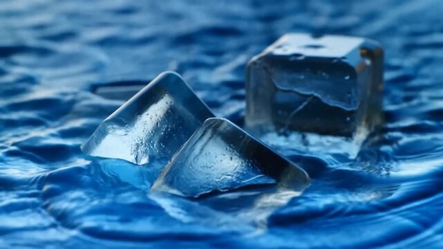 Slow motion closeup tracking shot of ice cubes dropping and splashing into blue water surface on tabletop studio background