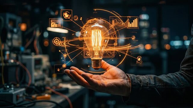 Innovative light bulb concept with holographic data projections in a tech lab setting