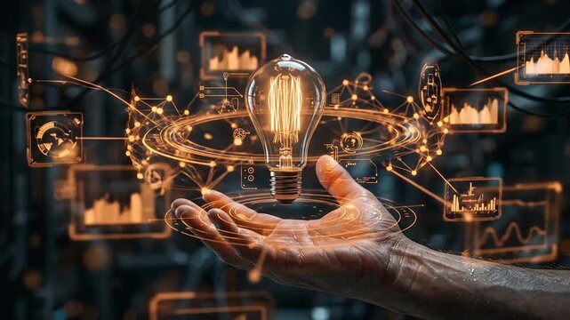 Innovative Digital Concept of a Hand Holding a Light Bulb Surrounded by Futuristic Data Visualizations