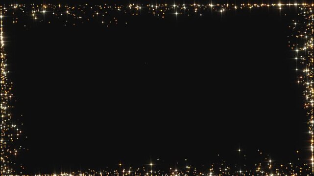 Elegant gold glowing particle emitting gradually around frame edge. Magical sparkling dust creating luxury border on black background. Abstract festive screen overlay for holiday presentation.