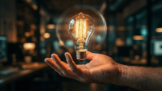 Innovative Concept of Hand Holding a Futuristic Light Bulb Illuminating in a Modern Lab Setting