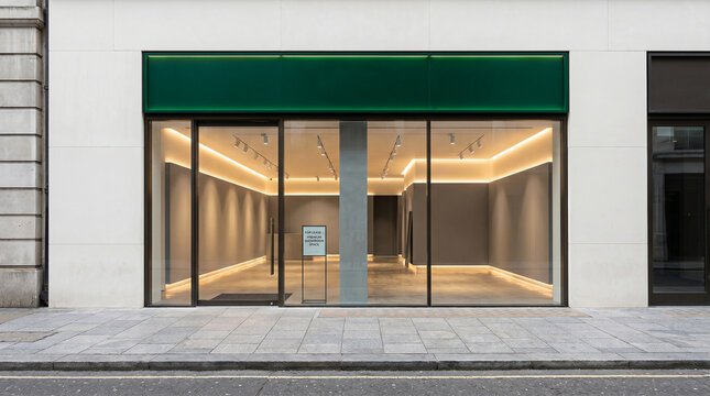 Empty commercial retail unit with dark green awning and large real estate shop front glass front recessed lighting store window store interio