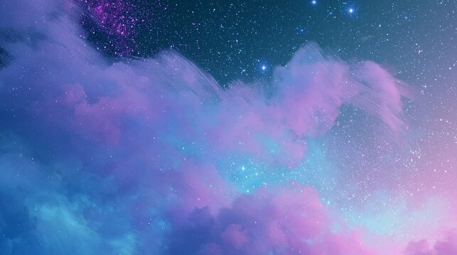 Dreamy editorial background in medium shot focusing on translucent brushstroke clouds with shimmering starlike particles floating in a celestial gradient sky perfect for calming