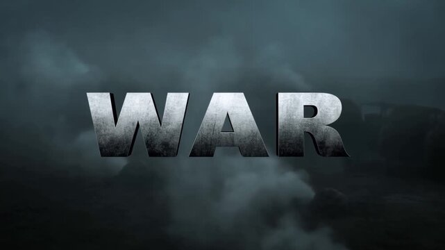 Slow zoom dolly of large metallic war text hovering over foggy battlefield with smoke and mist at dawn dramatic warzone title reveal