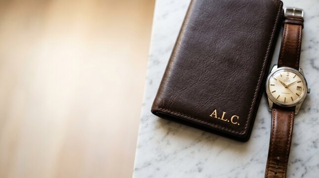 Elegant brown leather wallet with gold monogram initials alc and a vintage omega seamaster wristwatch on a marble surface