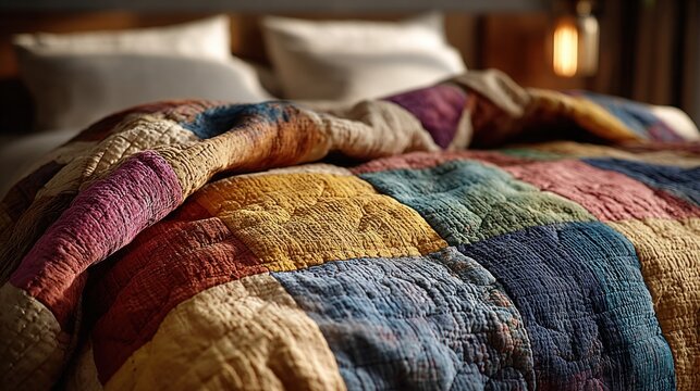 Quilt on a bed with a lamp on the side