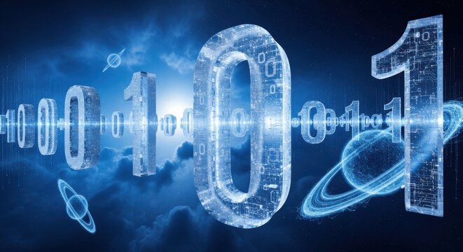 Binary code, futuristic numbers, glowing blue, digital illustration, technology background