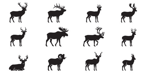 Fototapeta premium Deer, moose and elk icons set. Wild animals and forest fauna silhouettes. Vector illustration.