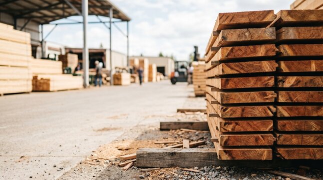Stack of wooden planks in a lumber yard with workers and forklift in the background
