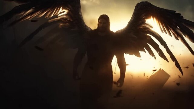 Tracking shot of dark winged humanoid walking forward with wings unfurling through smoky desolate landscape at sunset