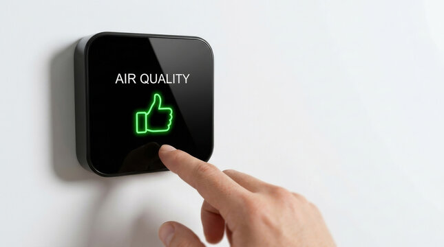Air quality pollution smog urban sensor monitor indoor health technology Air quality sensor show green approval during. toxic smoke carbon emission. city fog, environmental climate health