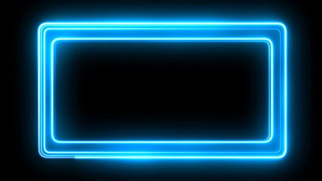 Looping animated steady reveal of neon rectangle outline tracing pulsing light frame on black background in dark studio scene