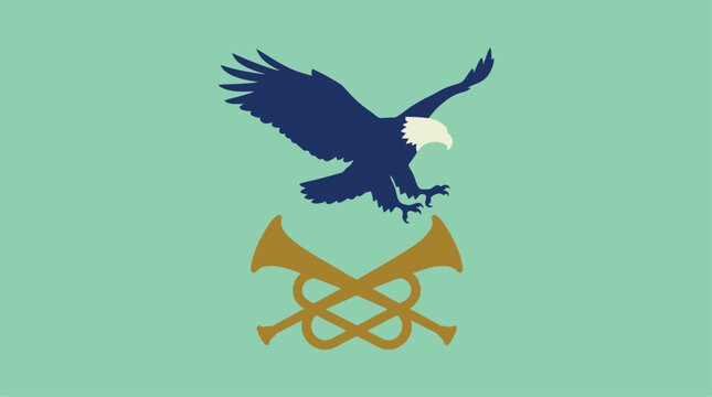 Eagle Bird with White Head Flying Above Two Crossed Golden Hunting Horns, Depicted in a Flat Vector Style