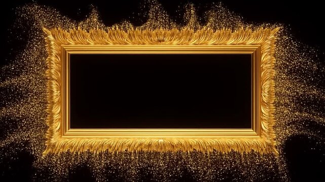 Slow motion static shot of gold ornate rectangular frame with sparkling particles dispersing outward on black studio background decorative centerpiece display