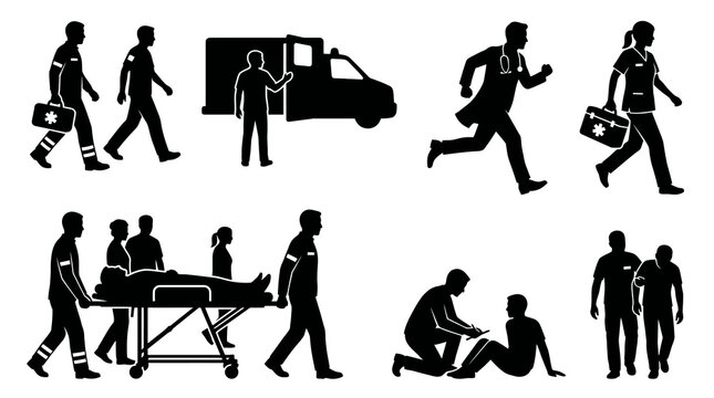 Emergency Medical Silhouette Vector Set With Paramedic Ambulance Stretcher First Aid Doctor Nurse Rescue And Patient Care Isolated On White Background