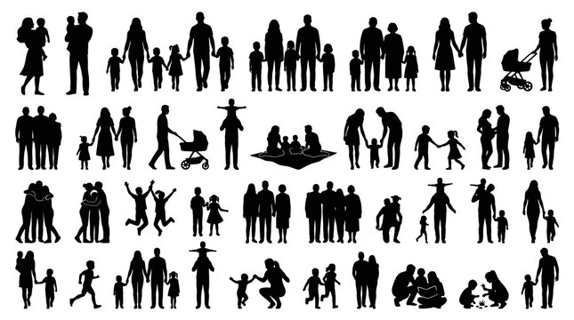 Family Silhouette Vector Collection With Parents Children Grandparents Baby Stroller Couples And Lifestyle Groups Isolated On White Background