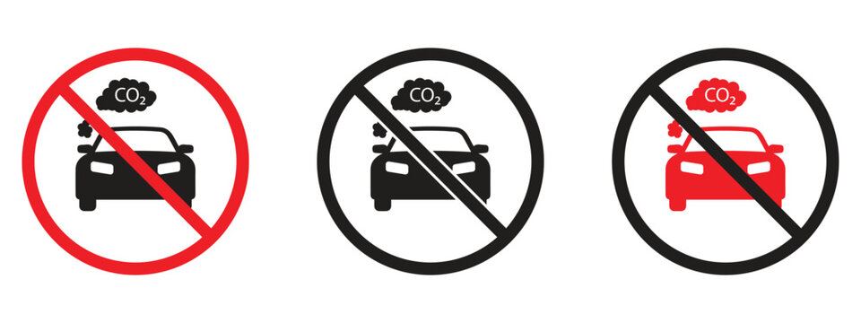 No CO2 Vector Icon Set, Carbon Emission Ban Signs and Air Pollution Prohibition Stickers Collection