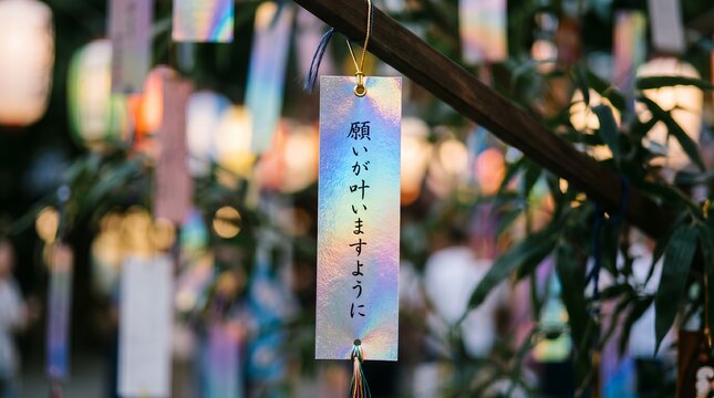 Holographic Tanabata Wishing Strip Expressing Hope for Dreams to Come True Amidst Festive Lights