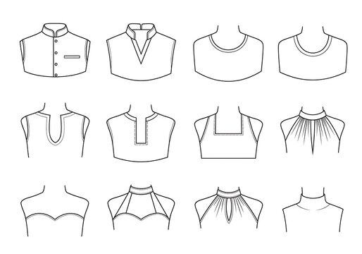 Various stylish shirt collar and neckline designs for fashion illustration