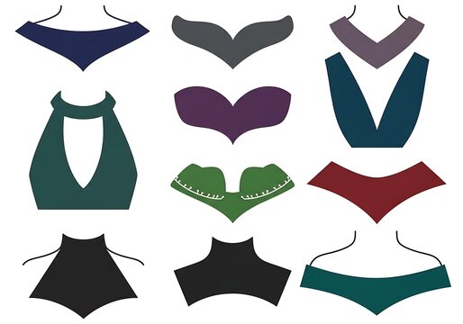 Various types of swimwear tops in different colors and styles isolated on transparent background