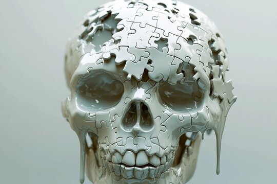 Melting puzzle skull with dripping pieces resembling flowing water