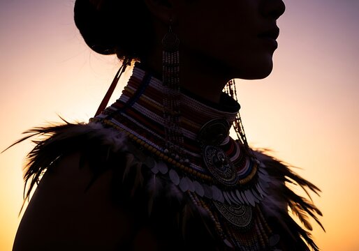 Woman in traditional Maasai attire with beaded jewelry and feathers at sunset