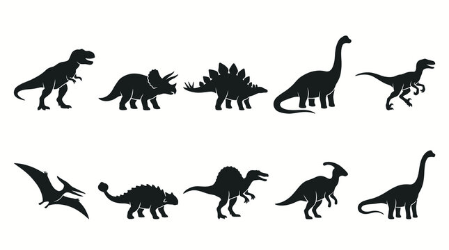 Dinosaur Silhouette Collection Vector Set With Prehistoric Reptile Icons Tyrannosaurus Triceratops Raptor Brachiosaurus Isolated On White Background