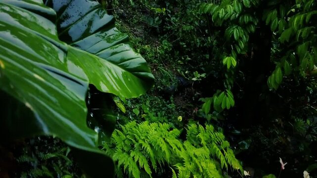 Heavy rain dripping from a large leaf onto bright green ferns in a lush tropical forest