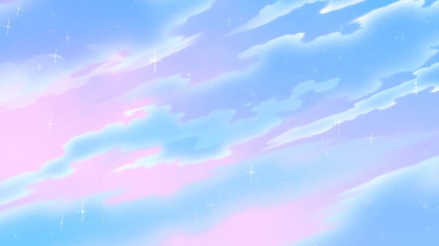 Slow pan of pastel sky with drifting clouds and twinkling stars across gradient background in smooth tracking motion