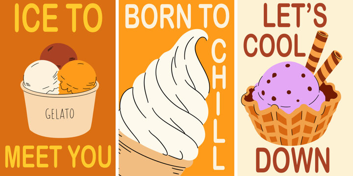 Set of colorful vertical banners with cute ice cream illustrations and funny summer puns