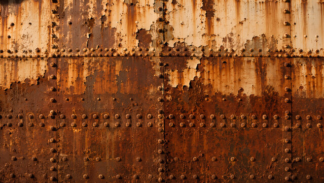 Dirty Ship Riveted Hull Plates with Orange Rust and Weathered Metal