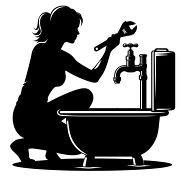 Woman fixing bathtub plumbing with wrench in silhouette style  