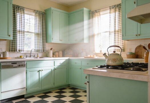 Vintage retro kitchen interior with mint green cabinets and checkered floor featuring bright sunbeams shining through the window onto a floral teapot on the stove.