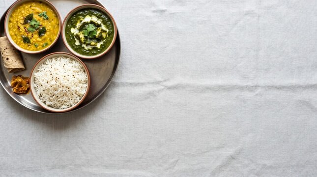 Traditional indian thali with dal, palak paneer, jeera rice, roti, and pickle served on a metal plate on a textured grey tablecloth