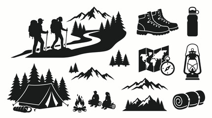 Fototapeta premium Vector illustration set of hiking and camping silhouettes, minimalist black icons of generic outdoor recreation elements, active tourists backpacking, wild mountain landscapes, and trekking equipment 