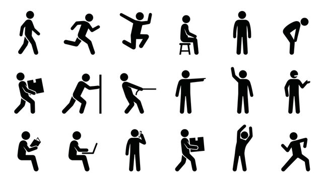 Vector illustration set of human action pictograms, minimalist black stick figure icons of generic people in dynamic poses, physical movements, and daily activities, isolated on a white background.